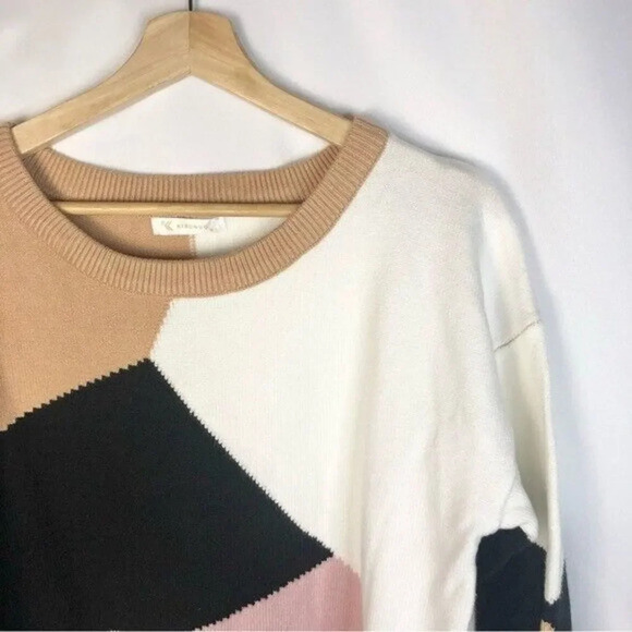 Boutique Black Tan & Pink Colorblock Geometric Crewneck Sweater M - Picture 4 of 5